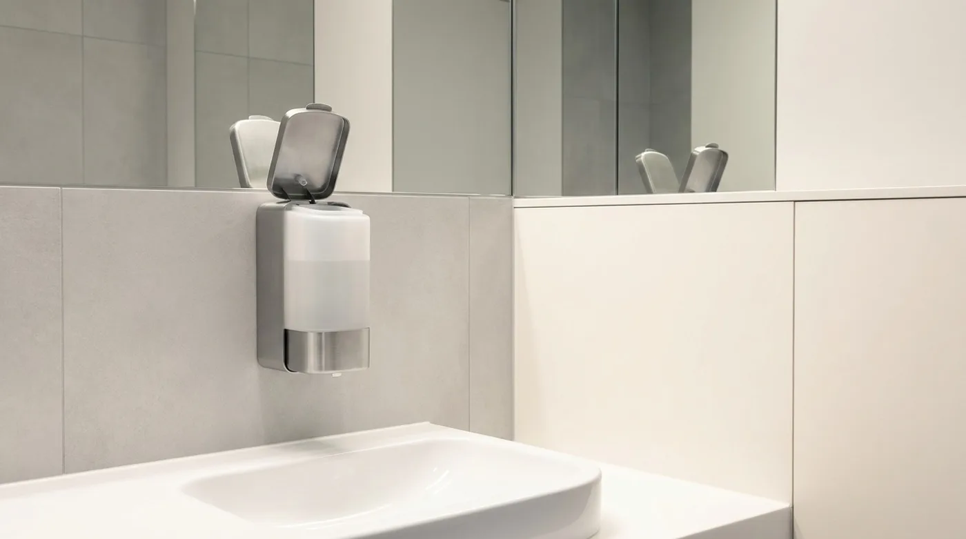 An open, empty wall-mounted soap dispenser in an office restroom