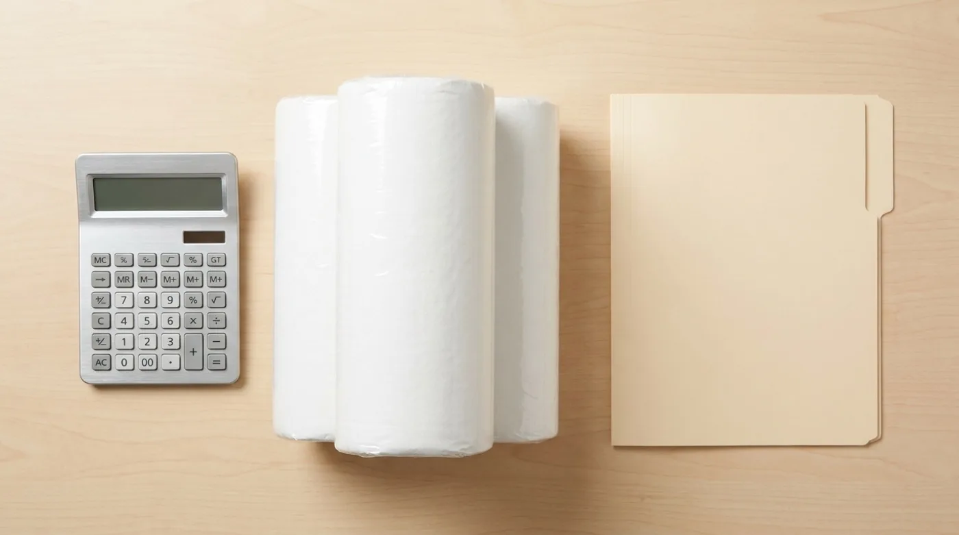 A calculator, paper towel rolls, and a folder on a desk