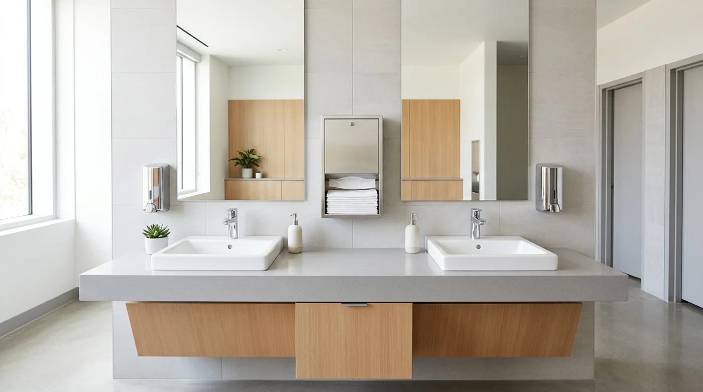 A clean, fully stocked commercial restroom vanity