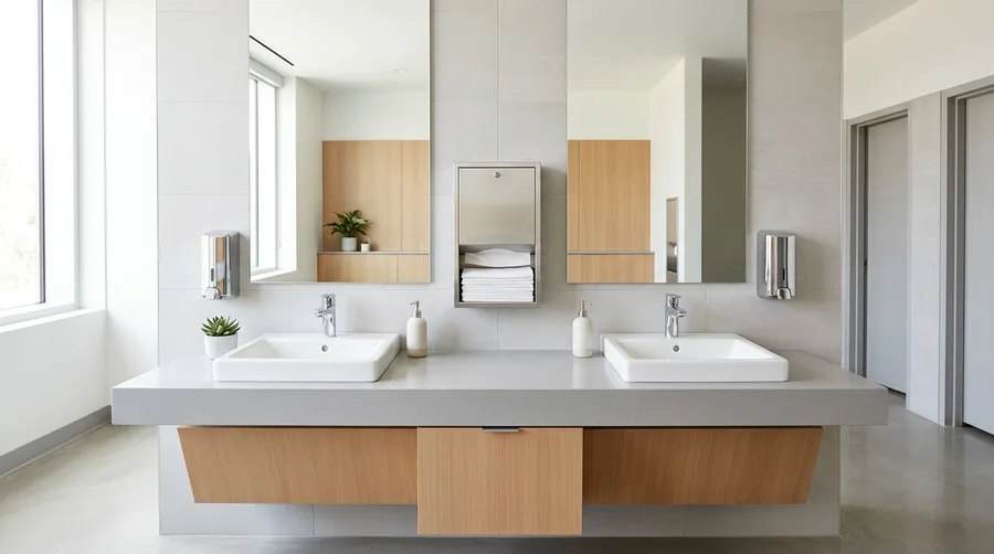 A clean, fully stocked commercial restroom vanity
