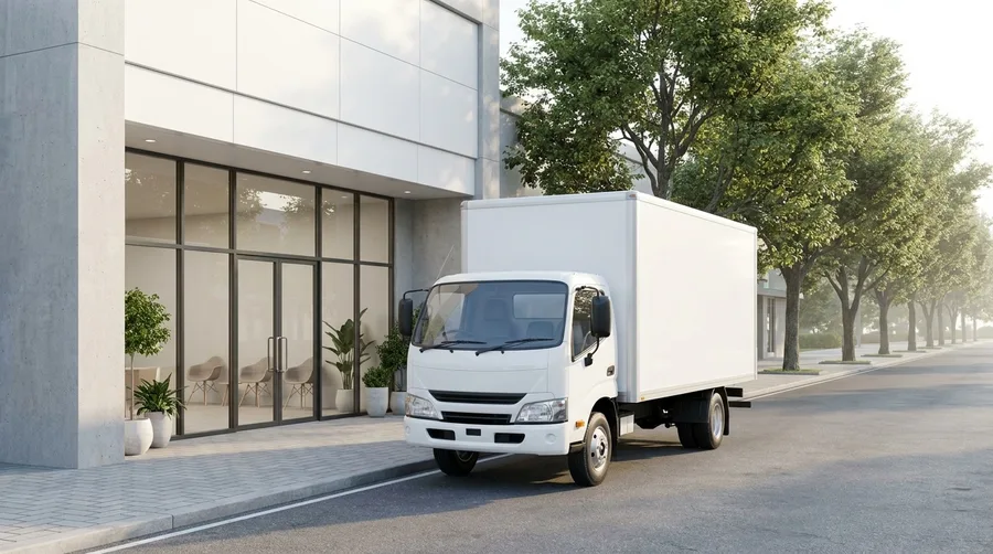 A local delivery box truck parked outside a commercial building