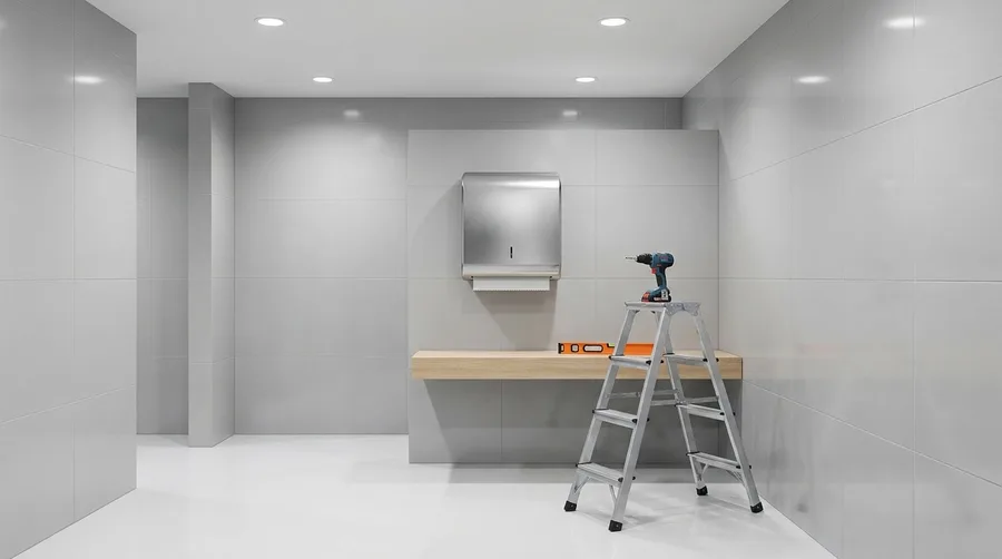 A freshly installed paper towel dispenser with installation tools nearby