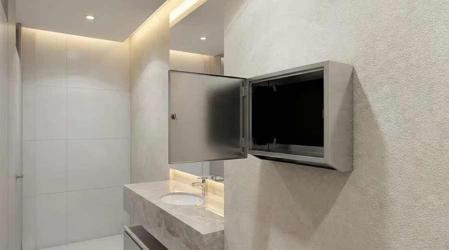 An empty paper towel dispenser with its cover open in a restaurant restroom