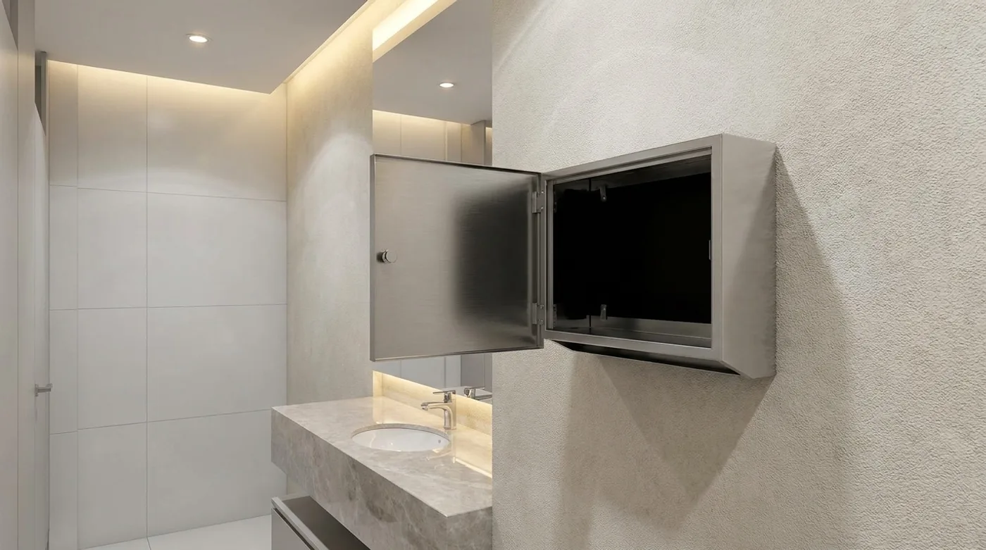 An empty paper towel dispenser with its cover open in a restaurant restroom