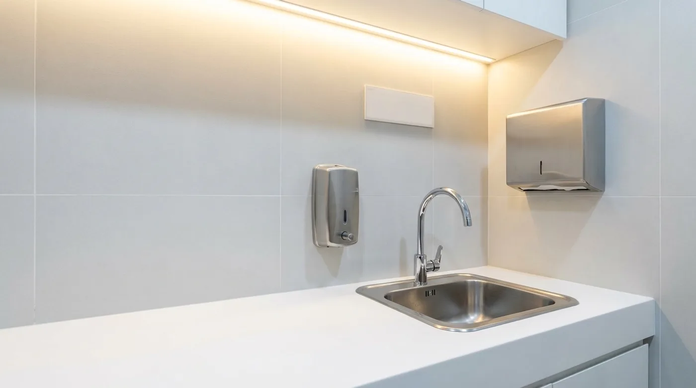 A commercial kitchen handwash station