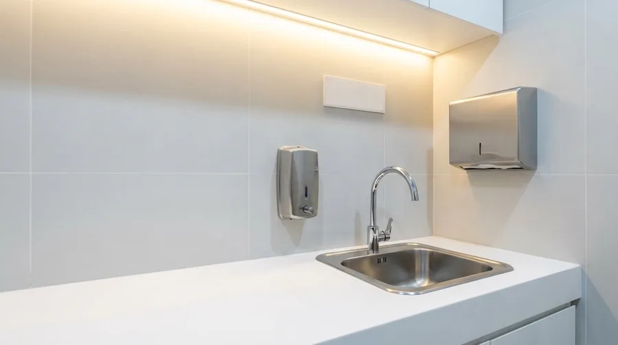 A commercial kitchen handwash station