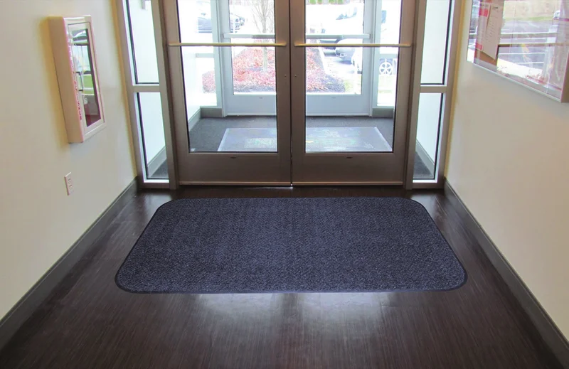 Entrance mat placed inside glass doors