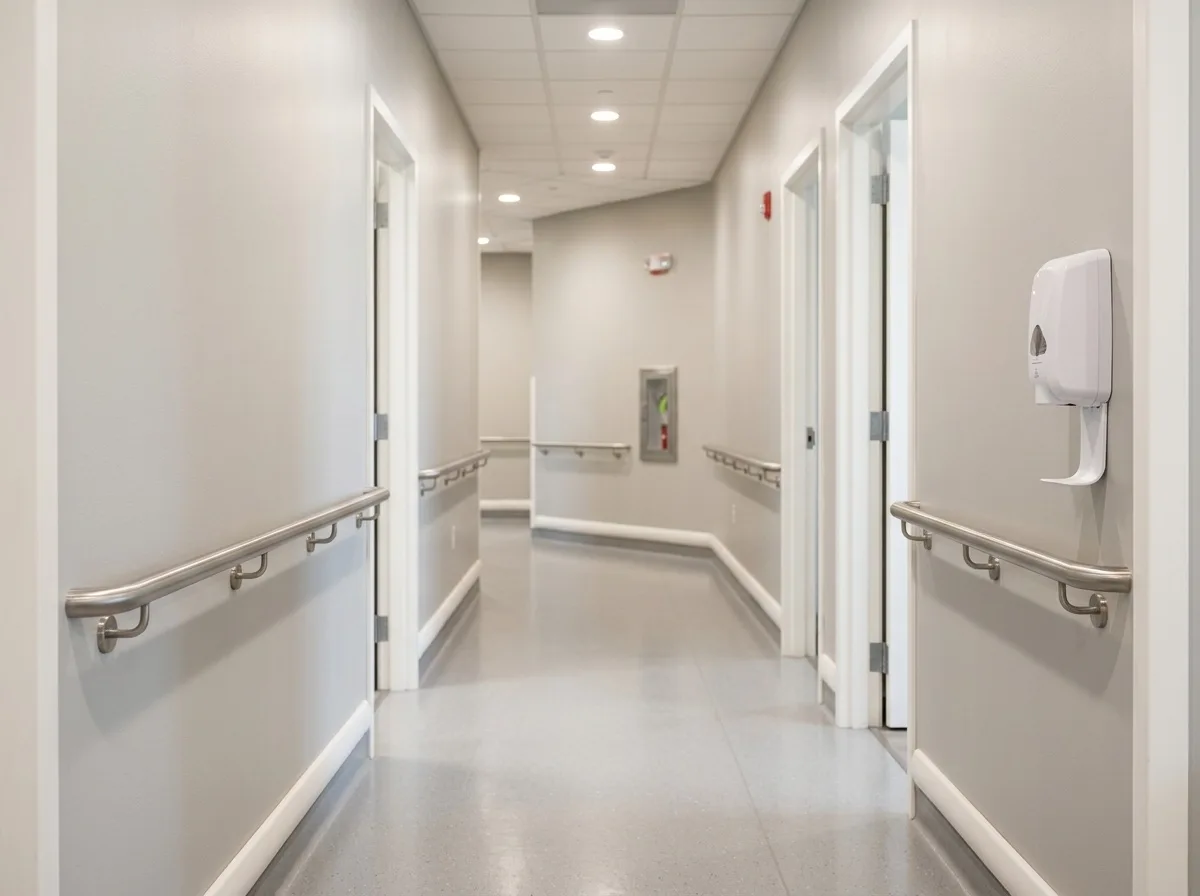 A clean medical clinic corridor with a sanitizer dispenser
