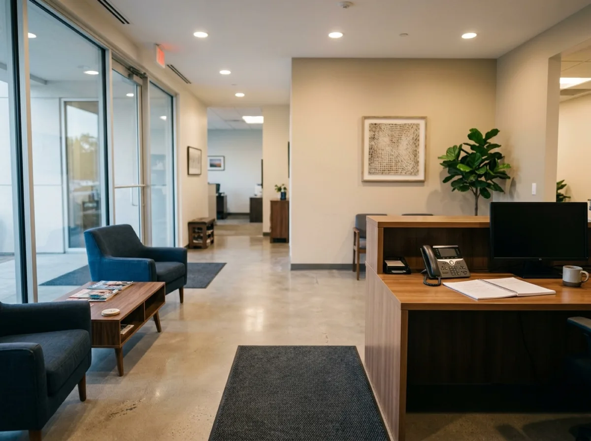 A modern office lobby with an entrance mat
