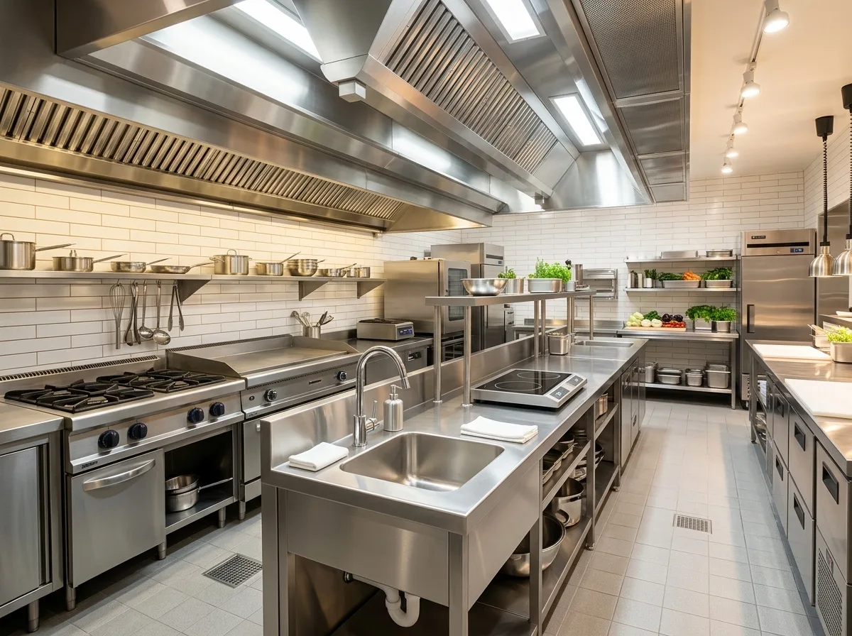 A spotless commercial restaurant kitchen line
