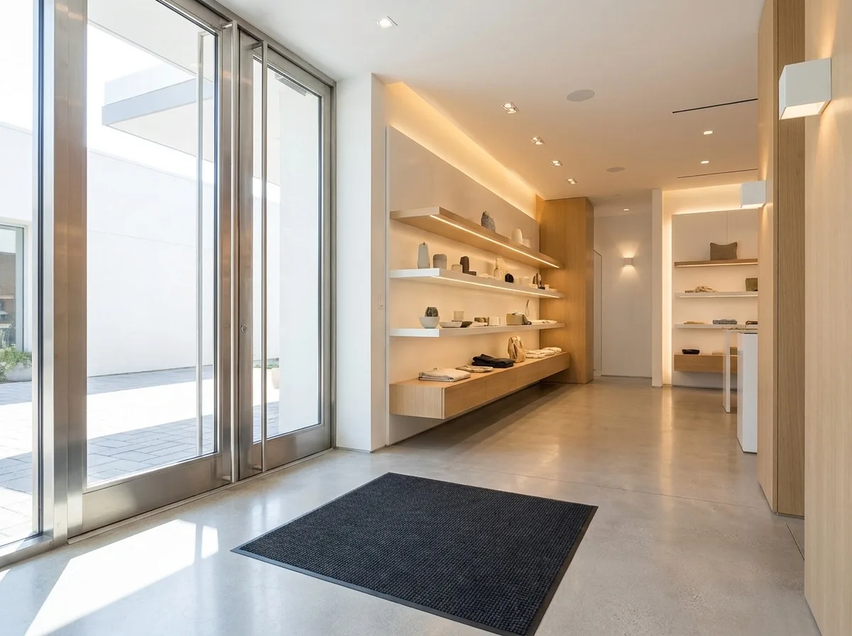 A boutique retail entrance with an entrance mat