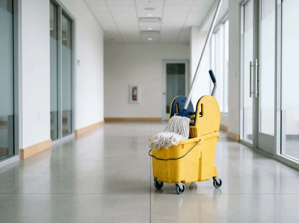 Commercial wet mop and yellow wringer bucket on a clean corridor floor