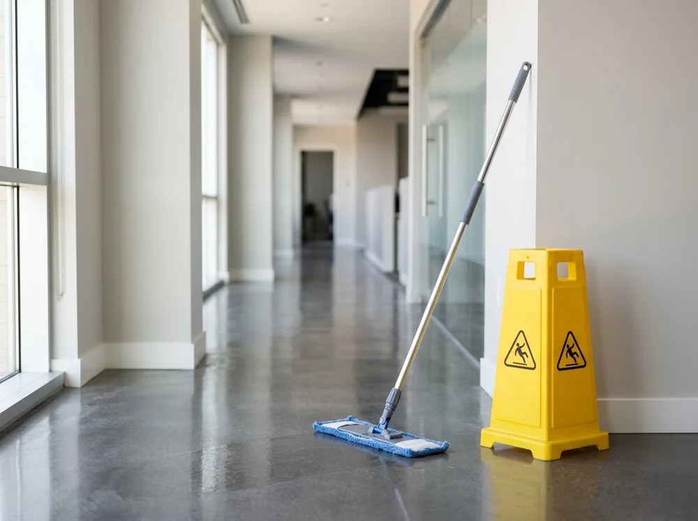 Freshly mopped gleaming floor with a mop and wet-floor sign