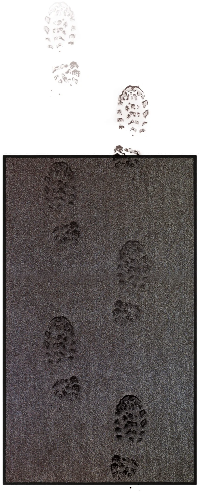 Store-bought mat with dirty footprints continuing past its edge