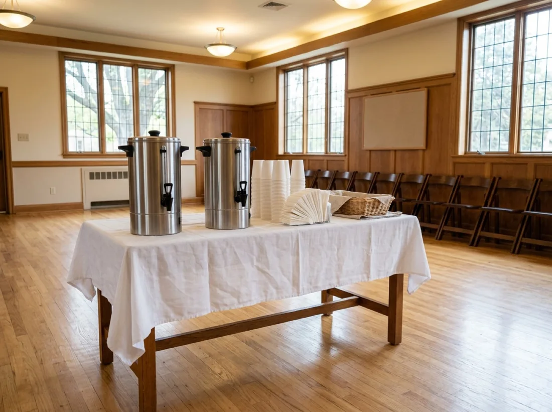 Fellowship hall refreshment table with coffee urns and cups
