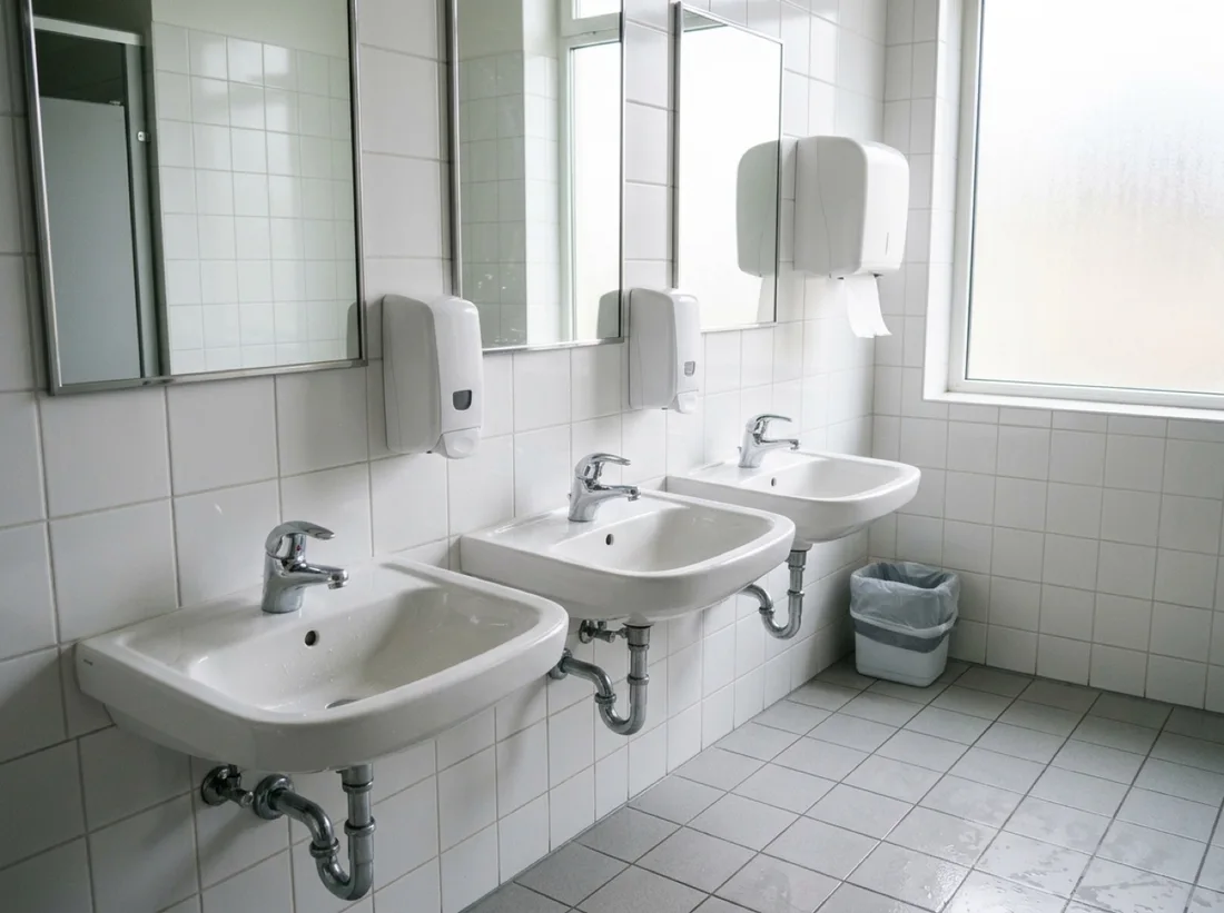 School restroom sinks with soap and paper towel dispensers