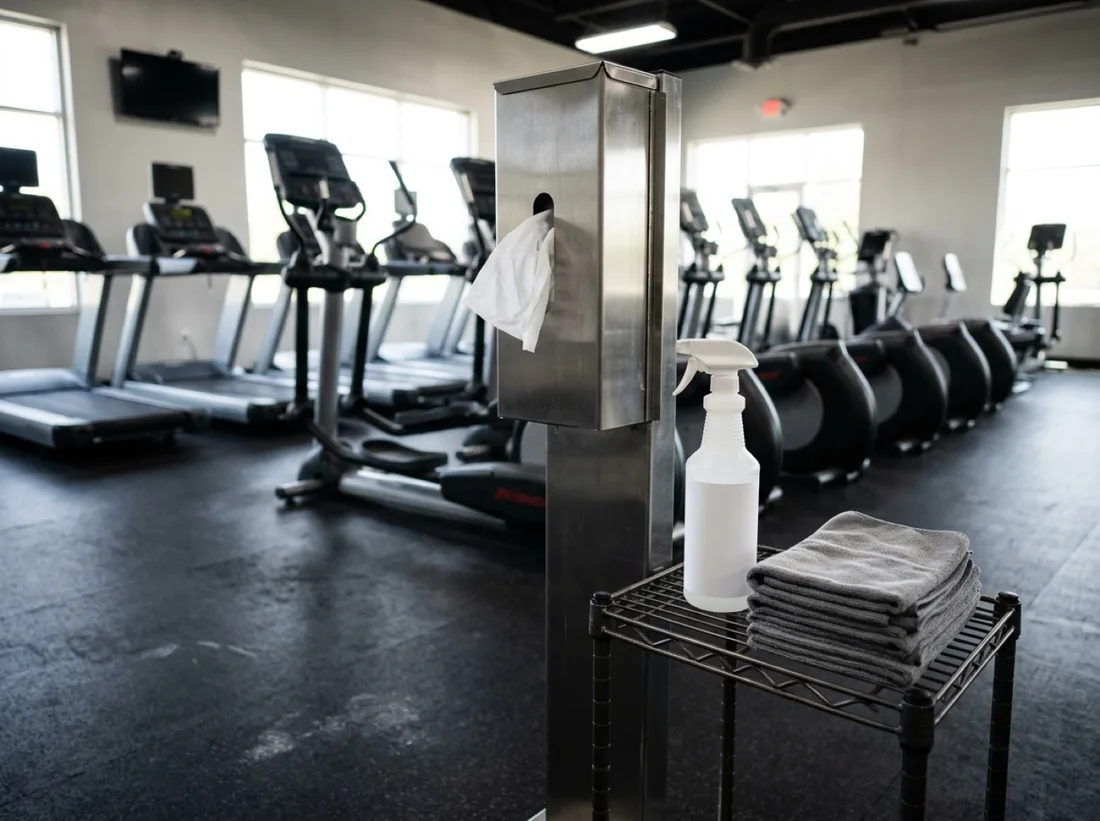 Gym sanitizing station with wipes dispenser and fresh towels