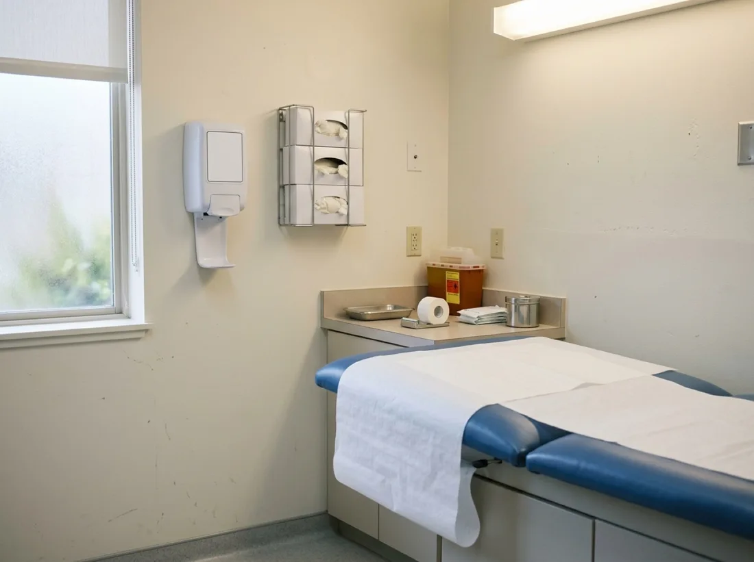 Exam room corner with glove dispensers and hand sanitizer