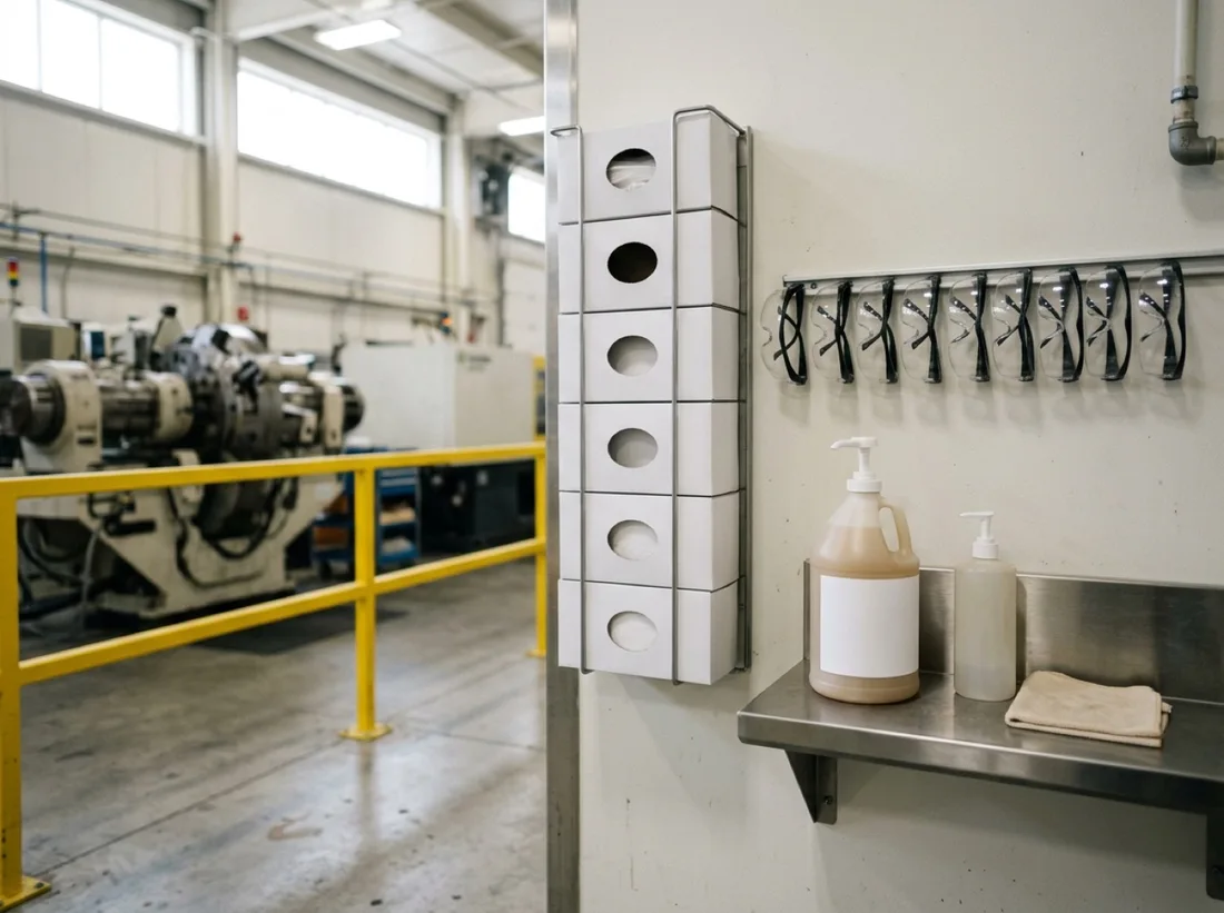 Plant-floor PPE station with glove boxes and hand cleaner