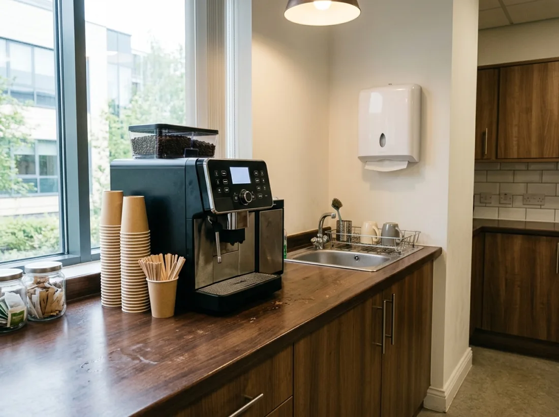 Stocked office breakroom counter with coffee machine and paper towel dispenser