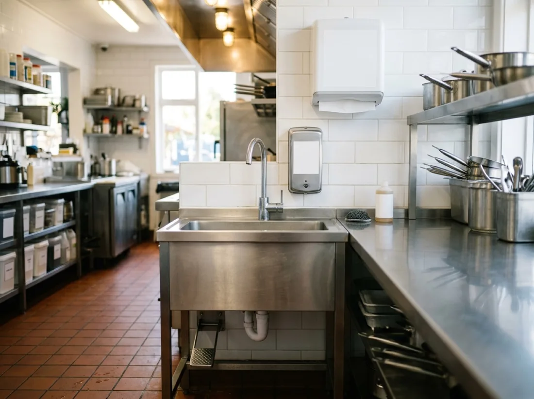 Kitchen handwash station with soap and paper towel dispensers