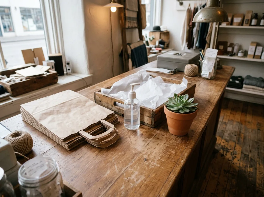 Boutique checkout counter with hand sanitizer and kraft bags